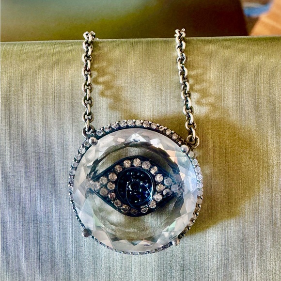 One-of-a-kind evil eye pendant. Silver with sapphire and Indian diamond chips. - Picture 1 of 3